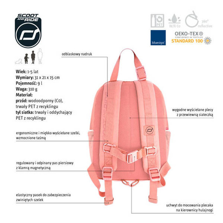 SCOOTANDRIDE Plecak na hulajnogę dla dzieci 1-5 lat, 9l, Peach