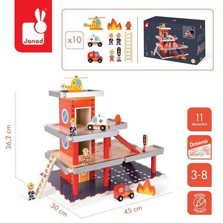 Remiza garaż drewniany z 10 akcesoriami, Janod