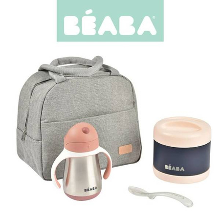 Beaba Zestaw podróżny w torbie izotermicznej: termos obiadowy ze stali nierdzewnej 500 ml, bidon termiczny ze słomką 250 ml i silikonowa łyżeczka 8m+ Old Pink
