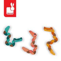 Drewniana elastyczna układanka Wąż + Krokodyl Pocket 2+, opakowanie zbiorcze 12 sztuk (3 rodzaje), Janod