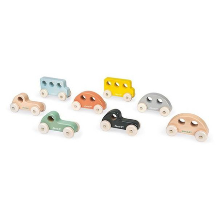 Drewniane pojazdy Sweet Cocoon, opakowanie zbiorcze 8 sztuk (3 modele: 3+3+2), Janod