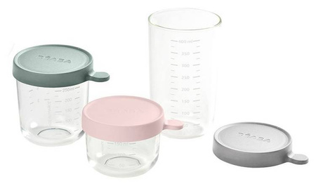 BEABA Zestaw pojemników słoiczków szklanych z hermetycznym zamknięciem 150 + 250 + 400 ml pink, eucalyptus green i light mist