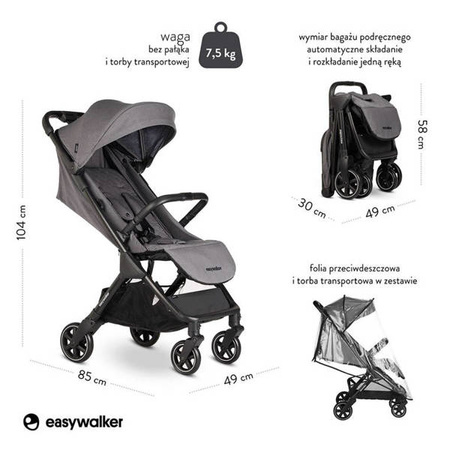 Easywalker Jackey Kompaktowy, samoskładający się wózek spacerowy z torbą transportową Marble Grey