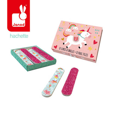 Zestaw 12 mini pilników do paznokci Lisek + Jednorożec 7+, opakowanie zbiorcze 12 sztuk (6 szt. + 6 szt.), Janod