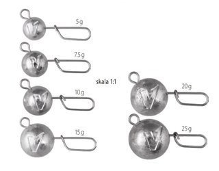 V-Point - główka/cięzarek spinningowy z agrafką 6 szt. - mix agrafka prosta Scandi 5-7.5-10-15-20-25 g    DRAGON PDF-598-000-000