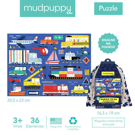Mudpuppy Puzzle podróżne w woreczku Transport 36 elementów 3+