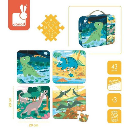 Puzzle progresywne w walizce Dinozaury 4 układanki – 6, 9, 12 i 16 elementów 3+, Janod