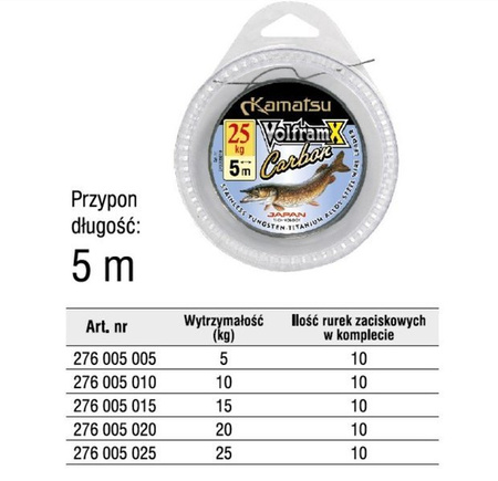MATERIAŁ PRZYPONOWY + TULEJKI PRZYPON VOLFRAMX CARBON SZPULKA 5m/20KG KAMATSU 276005020