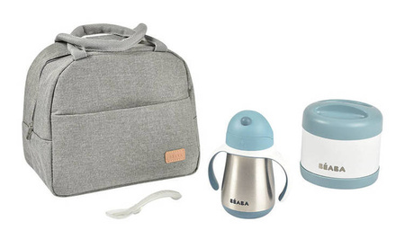 Beaba Zestaw podróżny w torbie izotermicznej: termos obiadowy ze stali nierdzewnej 500 ml, bidon termiczny ze słomką 250 ml i silikonowa łyżeczka 8m+ Windy Blue