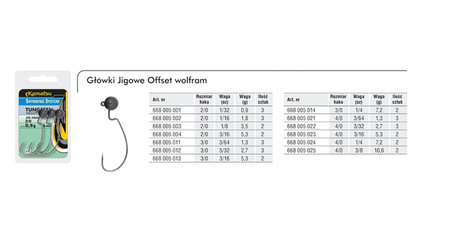 GŁÓWKI JIGOWE WOLFRAMOWE OFFSET 3/0 1,3g /3/64oz. OP.3SZT SPINNING SYSTEM KAMATSU 668005011