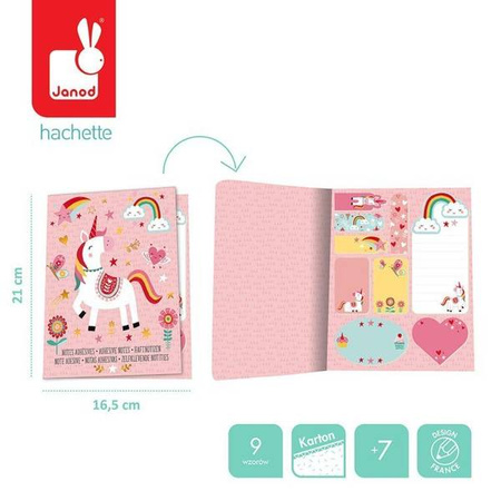 Zestaw 9 rodzajów samoprzylepnych karteczek w notesie Lisek + Jednorożec 7+, opakowanie zbiorcze 12 sztuk (6 szt. + 6 szt.), Janod