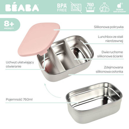 Beaba Lunchbox ze stali nierdzewnej konfigurowalny z silikonową pokrywką i osłoną Powder Pink