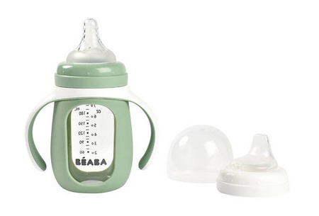 Beaba Szklana butelka treningowa w silikonowej osłonce 2w1 210 ml Sage green