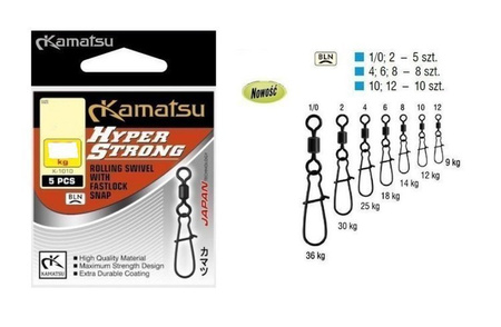 KRĘTLIK HYPER STRONG ROLLING SWIVEL Z AGRAFKĄ FASTLOCK SNAP K-1010 ROZMIAR 1/0 -36kg OP.5SZT 580252100