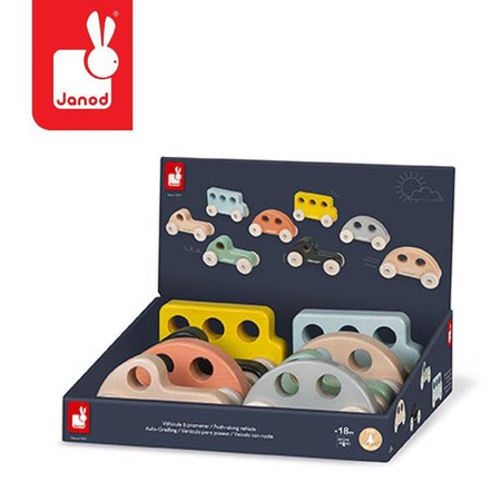 Drewniane pojazdy Sweet Cocoon, opakowanie zbiorcze 8 sztuk (3 modele: 3+3+2), Janod