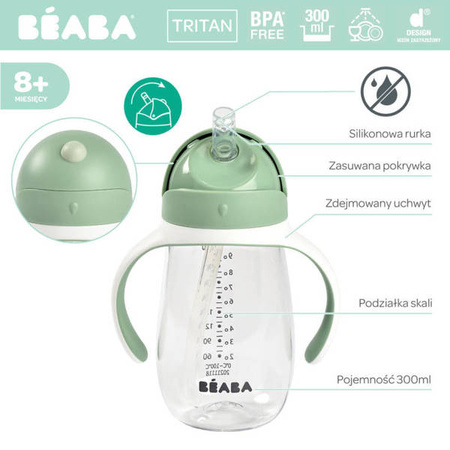 Beaba Bidon niekapek ze słomką tritanowy 300 ml Sage green