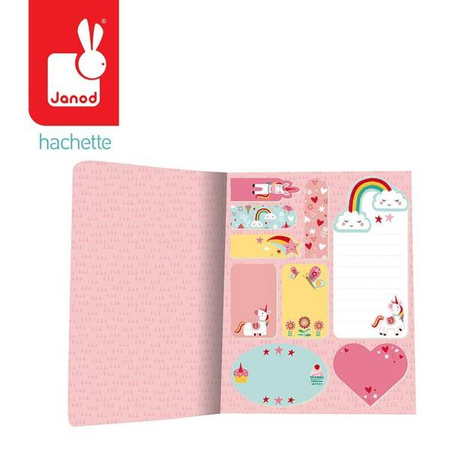 Zestaw 9 rodzajów samoprzylepnych karteczek w notesie Lisek + Jednorożec 7+, opakowanie zbiorcze 12 sztuk (6 szt. + 6 szt.), Janod