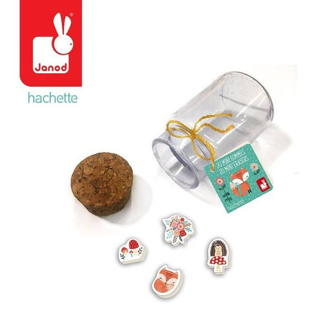 Zestaw 20 mini-gumek do ścierania w słoiczku Lisek + Jednorożec 5+, opakowanie zbiorcze 12 sztuk (6 szt. + 6 szt.), Janod