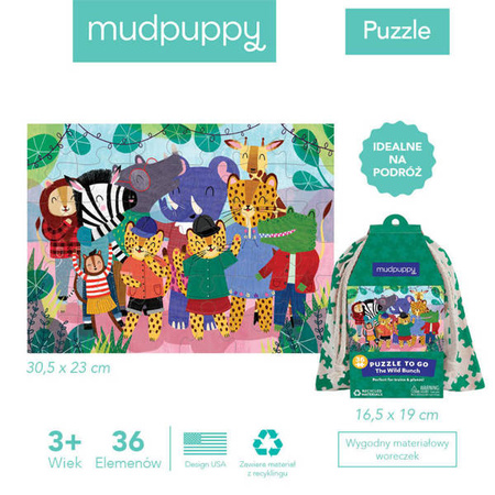 Mudpuppy Puzzle podróżne w woreczku Dzika ekipa 36 elementów 3+