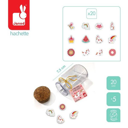 Zestaw 20 mini-gumek do ścierania w słoiczku Lisek + Jednorożec 5+, opakowanie zbiorcze 12 sztuk (6 szt. + 6 szt.), Janod