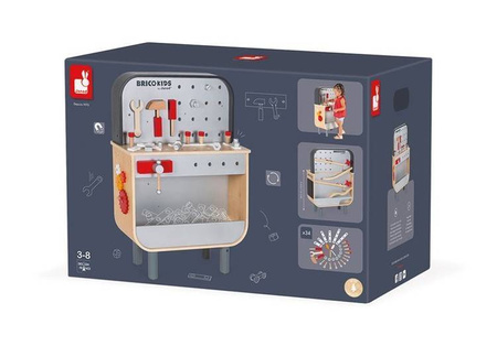 Dwustronny drewniany stolik warsztatowy z 34 akcesoriami Brico'kids 3-8 lat, Janod