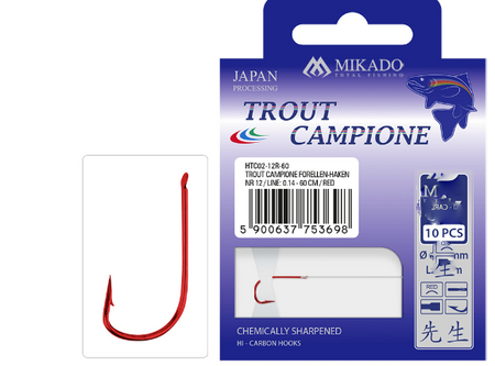 HACZYK TROUT CAMPIONE Nr 12 / line: 0.14 - 60 cm / RED - torebka 10szt. MIKADO HTC02-12R-60