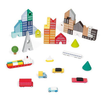 Drewniane klocki z puzzlami Kubix Miasto 60 elementów 3+, Janod