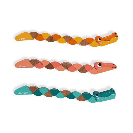 Drewniana elastyczna układanka Wąż + Krokodyl Pocket 2+, opakowanie zbiorcze 12 sztuk (3 rodzaje), Janod