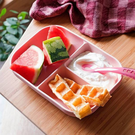 Beaba Komplet naczyń z silikonu trójdzielny talerz z przyssawką + łyżeczka Pink