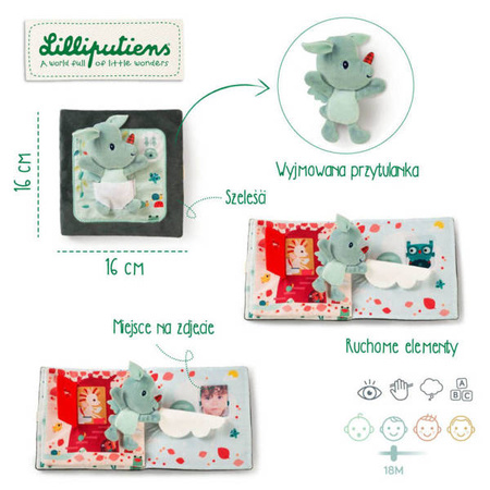LILLIPUTIENS Książeczka z mini-przytulanką wielofunkcyjna "Puk puk" Smok Joe 18 m+
