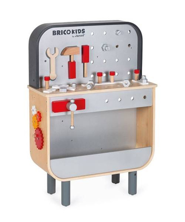 Dwustronny drewniany stolik warsztatowy z 34 akcesoriami Brico'kids 3-8 lat, Janod