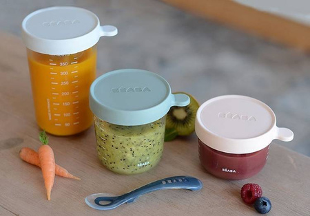 BEABA Zestaw pojemników słoiczków szklanych z hermetycznym zamknięciem 150 + 250 + 400 ml pink, eucalyptus green i light mist