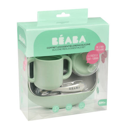 Beaba Silikonowy zestaw do posiłków (talerzyk trójdzielny z przyssawką, kubek z dziubkiem, łyżeczka i śliniak)