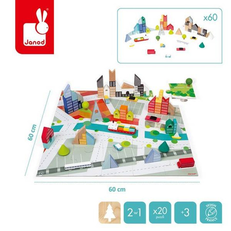 Drewniane klocki z puzzlami Kubix Miasto 60 elementów 3+, Janod