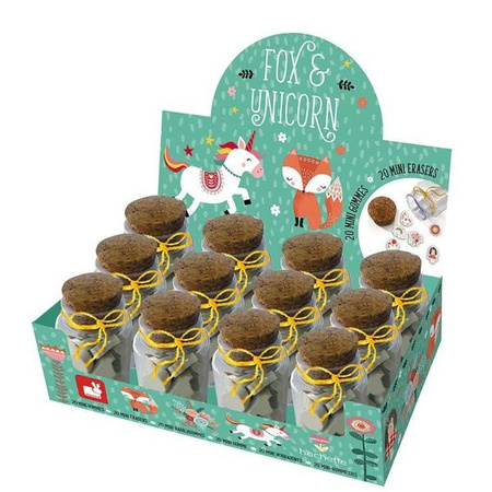 Zestaw 20 mini-gumek do ścierania w słoiczku Lisek + Jednorożec 5+, opakowanie zbiorcze 12 sztuk (6 szt. + 6 szt.), Janod