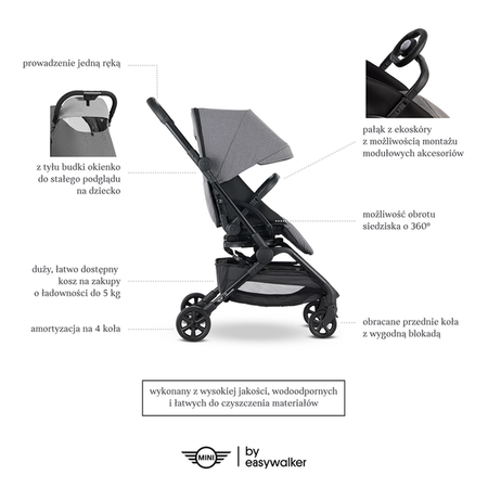 MINI by Easywalker Buggy TURN Kompaktowy wózek spacerowy z obrotowym siedziskiem 360° Soho Grey (z osłoną przeciwdeszczową w zestawie)