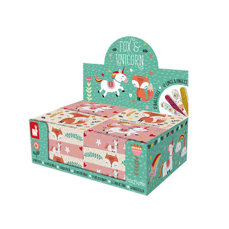 Zestaw 12 mini pilników do paznokci Lisek + Jednorożec 7+, opakowanie zbiorcze 12 sztuk (6 szt. + 6 szt.), Janod