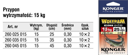 (R) PRZYPONY WOLFRAME NA SZCZUPAKA STRONG 35cm/15KG 1 X 2SZT KONGER 260035015
