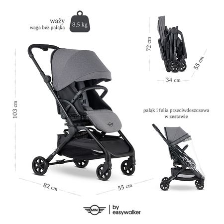 MINI by Easywalker Buggy TURN Kompaktowy wózek spacerowy z obrotowym siedziskiem 360° Soho Grey (z osłoną przeciwdeszczową w zestawie)