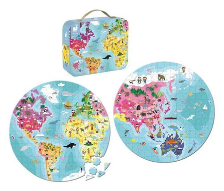 Puzzle w walizce dwustronne okrągłe Błękitna planeta 208 elementów 7+, Janod