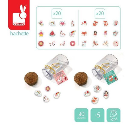 Zestaw 20 mini-gumek do ścierania w słoiczku Lisek + Jednorożec 5+, opakowanie zbiorcze 12 sztuk (6 szt. + 6 szt.), Janod