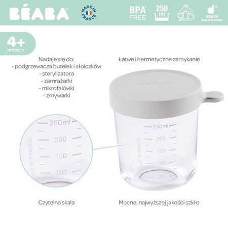 BEABA Pojemnik słoiczek szklany z hermetycznym zamknięciem 250 ml Light Mist