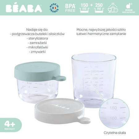 BEABA Zestaw pojemników słoiczków szklanych z hermetycznym zamknięciem 150 + 250 ml airy green i light mist