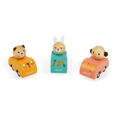 Drewniany samochodzik z napędem Pocket 2+, opakowanie zbiorcze 15 sztuk (3 rodzaje), Janod