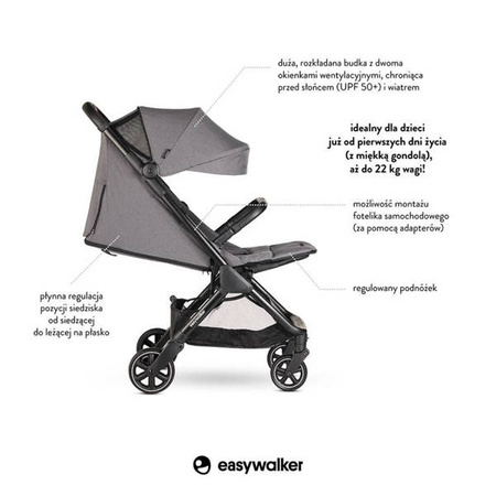 Easywalker Jackey Kompaktowy, samoskładający się wózek spacerowy z torbą transportową Marble Grey