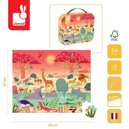 Puzzle w walizce Rezerwat zwierząt 54 elementy 5+ Made in France, Janod