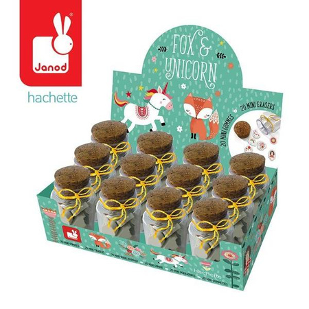 Zestaw 20 mini-gumek do ścierania w słoiczku Lisek + Jednorożec 5+, opakowanie zbiorcze 12 sztuk (6 szt. + 6 szt.), Janod