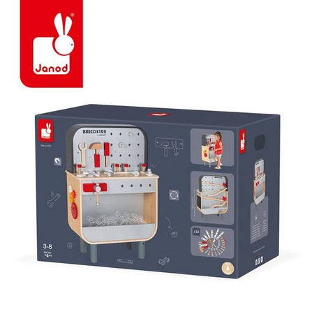 Dwustronny drewniany stolik warsztatowy z 34 akcesoriami Brico'kids 3-8 lat, Janod