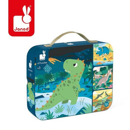 Puzzle progresywne w walizce Dinozaury 4 układanki – 6, 9, 12 i 16 elementów 3+, Janod
