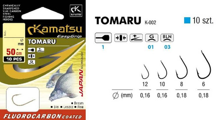 HACZYKI WIĄZANE GOTOWE PRZYPONY 50 cm KAMATSU TOMARU LESZCZ ROZMIAR 10  ŻYŁKA 0.16 CZARNE 540310310
